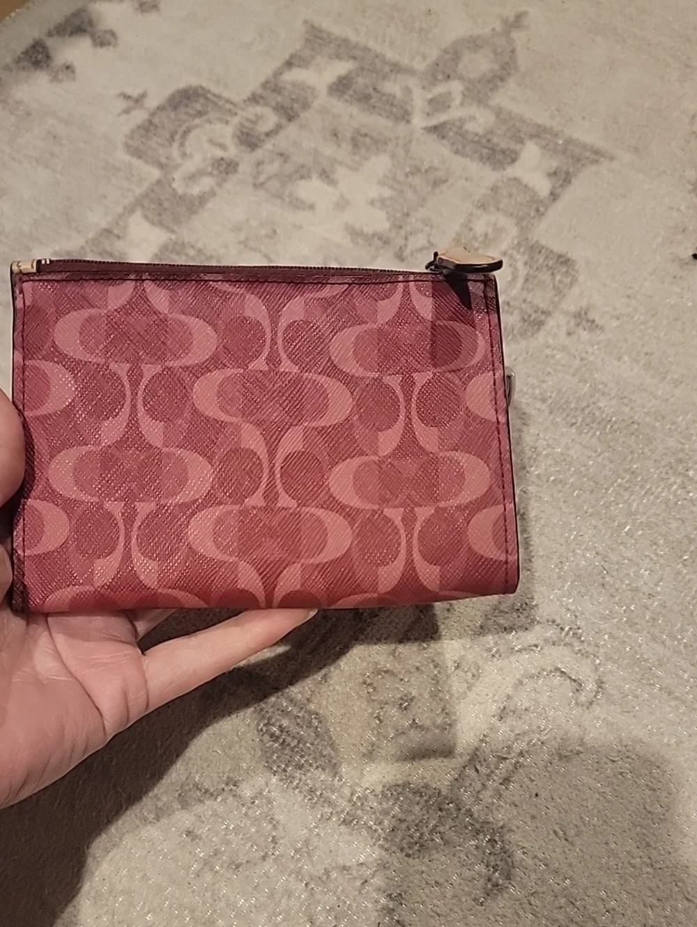 Coach Pink Signature Jacquard Zip Card Case with Key Ring